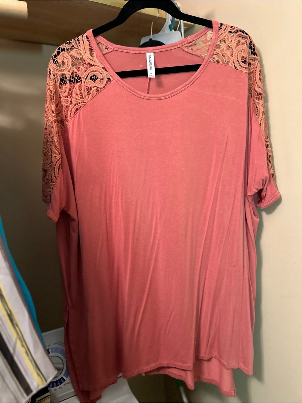 Zenana Outfitters Dusty Rose Lace Shoulder Short Sleeve Top